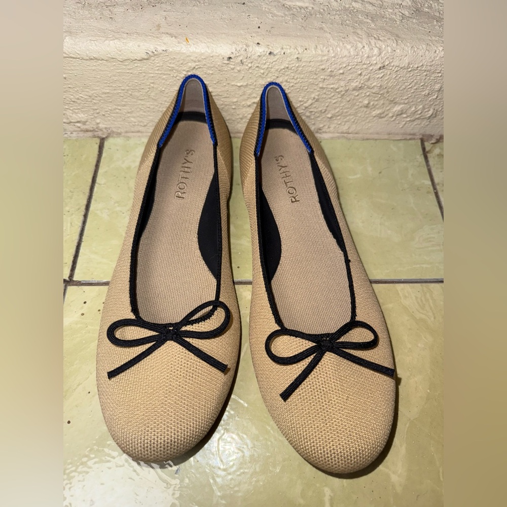 Rothy’s Tan Knit Ballet Flats Black Bow Round Toe Sustainable Size 9.5 - Picture 5 of 9